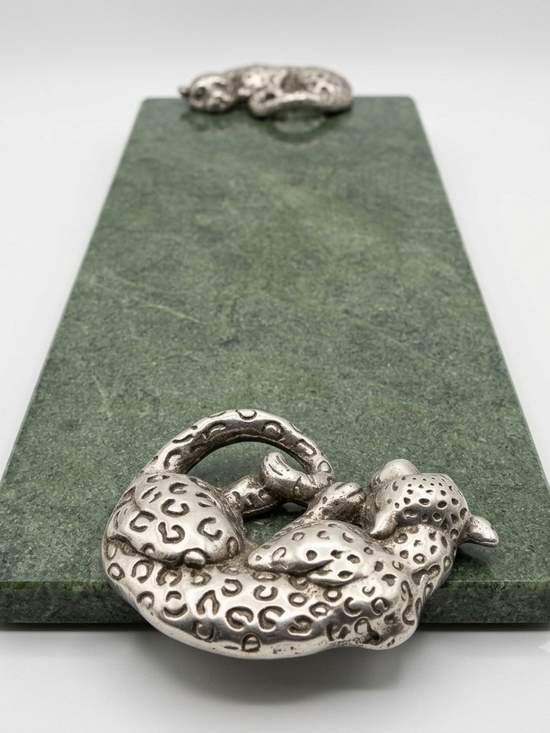 Handmade Other - Vintage Green Granite Serving Tray with Silver Leopard Handles – 17" x 6"